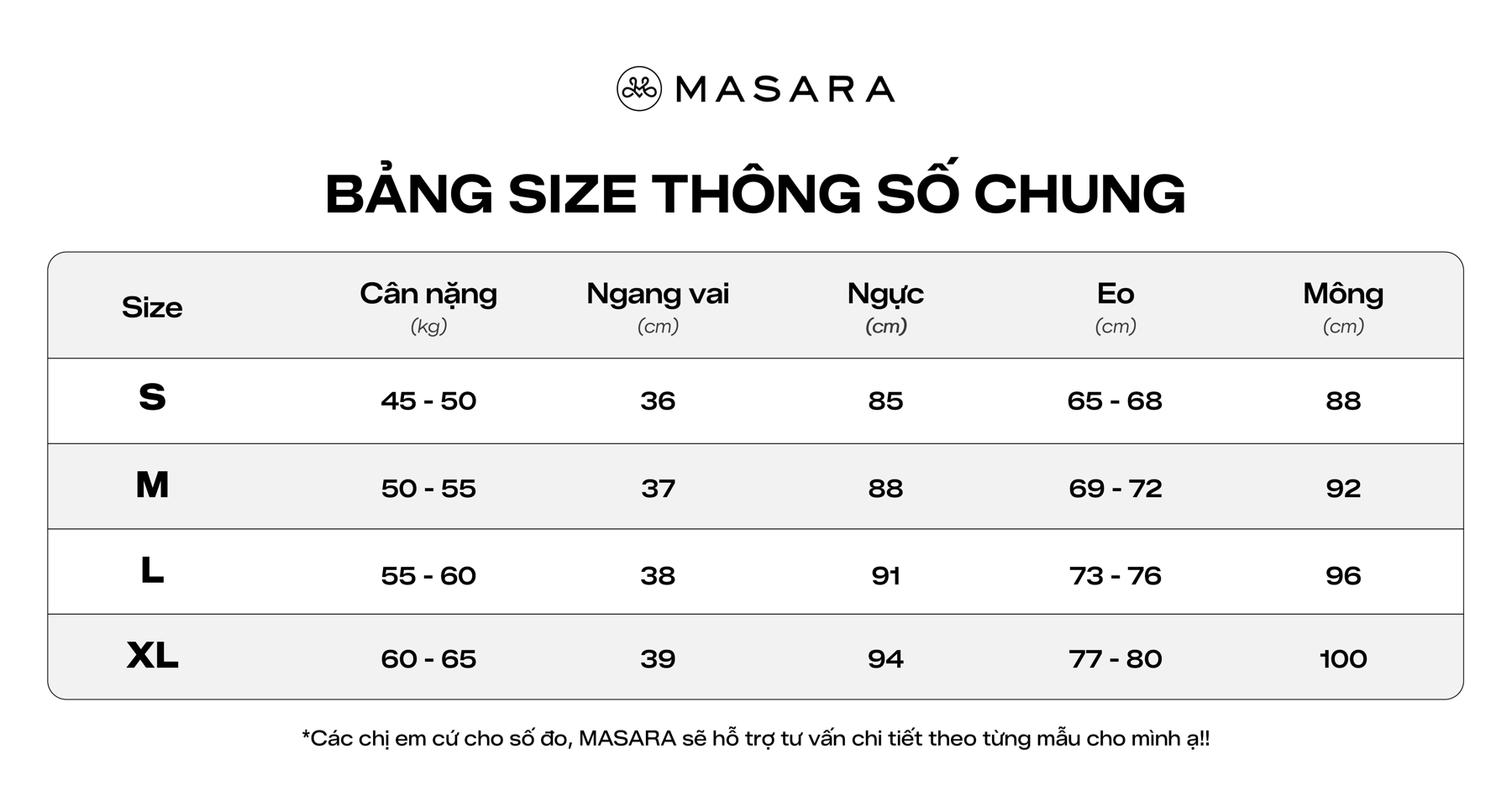 Bảng size thông số chung MASARA
