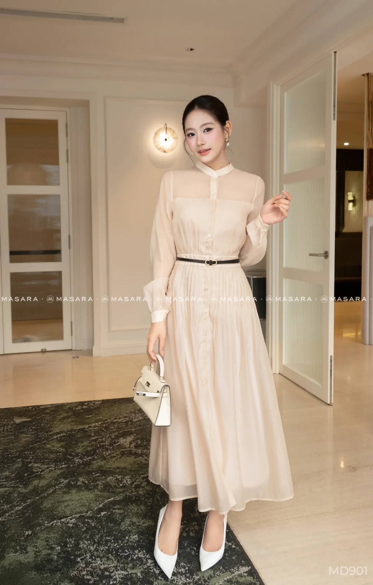 Đầm dài midi xòe nhẹ xếp ly cổ trụ kèm thắt lưng da thanh lịch, bay bổng – Đi làm, tiệc trà, sự kiện nhẹ nhàng | Masara MD901 — mã MD901