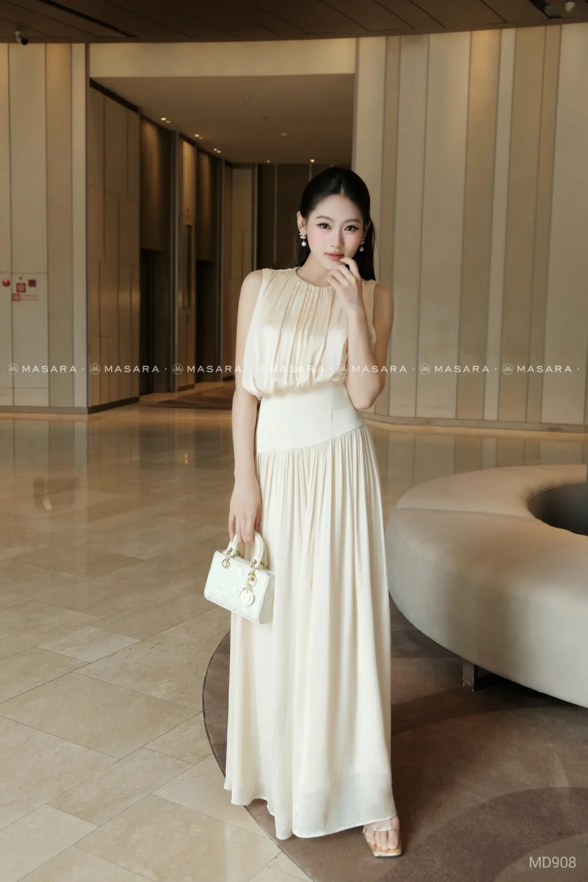 Đầm dài maxi tơ tằm gân cao cấp xếp ly tinh tế, bay bổng và sang nhã – Tiệc nhẹ, sự kiện, event sang trọng | Masara MD908 — mã MD908